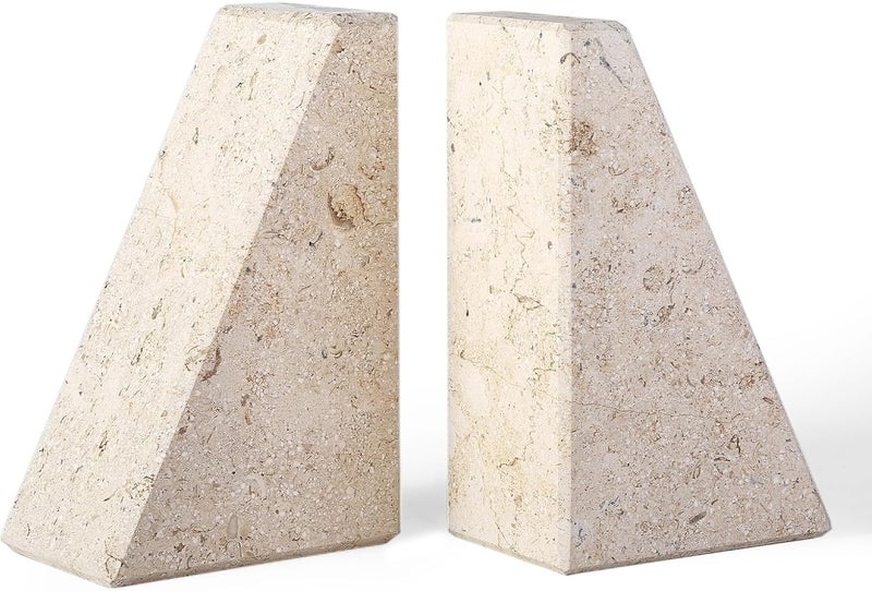 karibiber Marble Bookends for Heavy Books, Decorative Book Ends for Shelves, Beige Stone Durable and Heavy-Duty Book Ends for Hardback Books & CDS, Unique Book Stopper & Holder, Set of 2 - Image 1